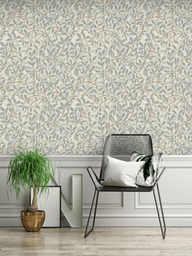 Leaf and Pod - Linen Stone Natural Botanical Wallpaper at Wallsauce
