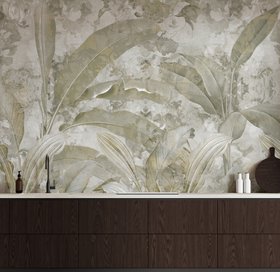 Sage Green Tropical Leaves Jungle Mural by Edina Jeremcsuk at Wallsauce