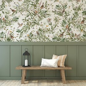 Playful Robins - White Woodland Mural by Kikki Belle at Wallsauce