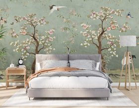 Sage Green Lingering Garden Chinoiserie Wall Mural from Bloomery Decor at Wallsauce