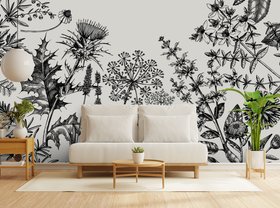Hand-Sketched Herbs and Flowers Thistle Wall Mural at Wallsauce