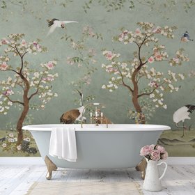 Sage Green Garden Chinoiserie Mural from Bloomery Decor at Wallsauce