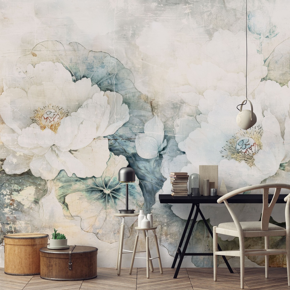 Distressed White Florals III Wall Mural by Rafal Kulik at Wallsauce
