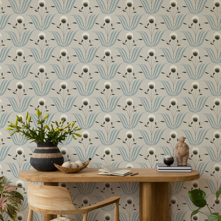 Spring Bloom - Blue Ivory Floral Wallpaper at Wallsauce