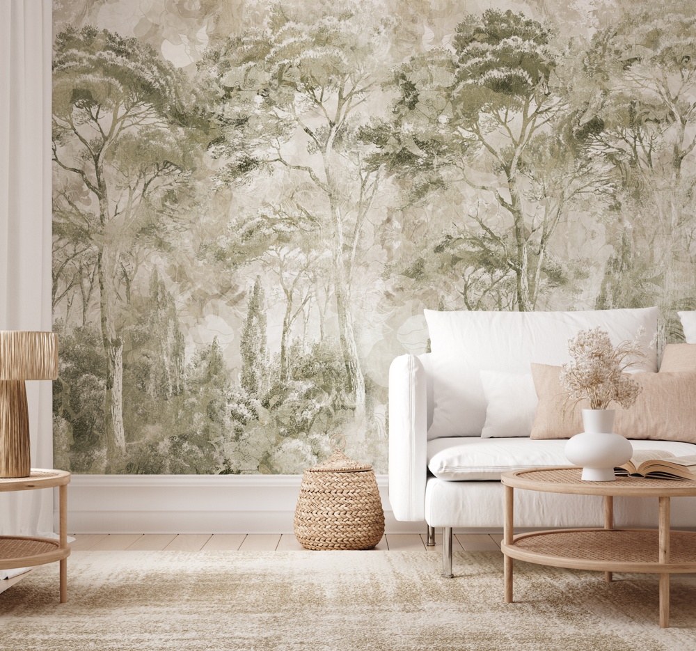 Sepia Pine Forest Landscape Mural by Edina Jeremcsuk at Wallsauce