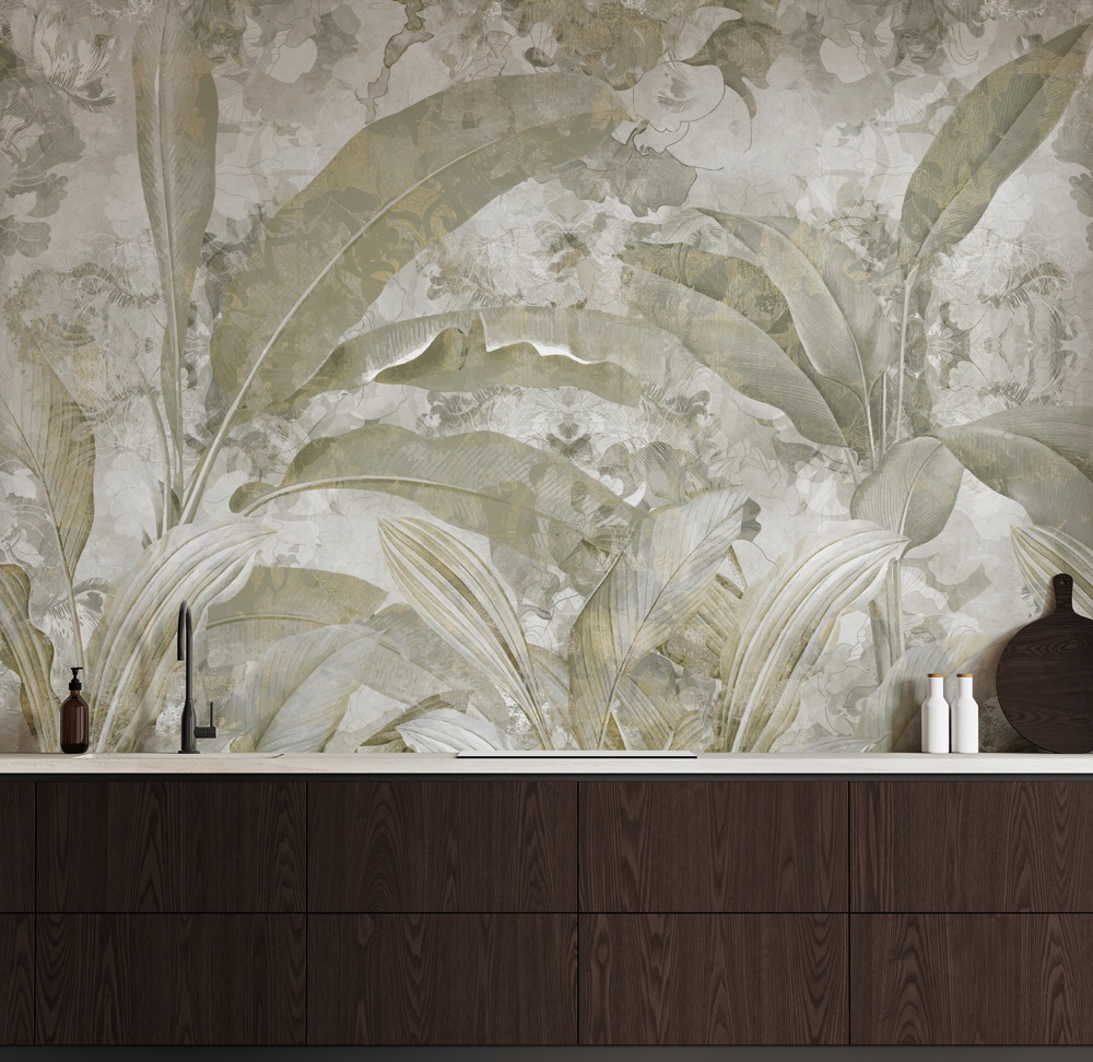 Sage Green Tropical Leaves Jungle Mural by Edina Jeremcsuk at Wallsauce