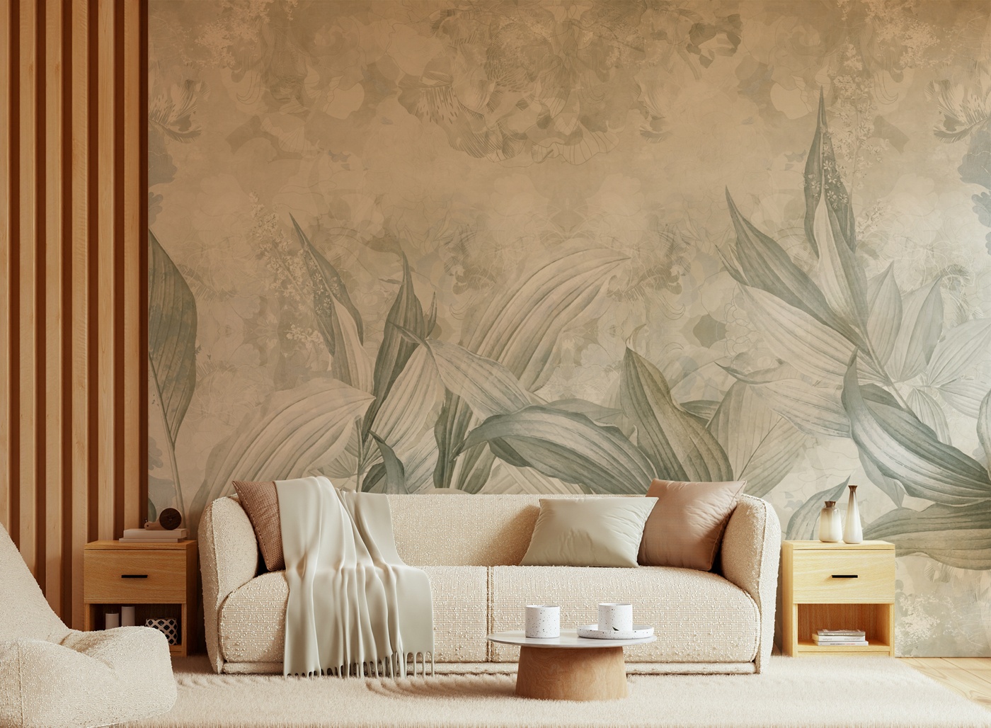 Soft Neutral Botanical Mural by Edina Jeremcsuk at Wallsauce