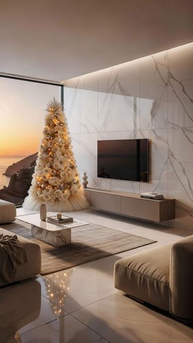 Marmor Wohnwand mit beige TV Lowboard und floralem Weihnachtsbaum