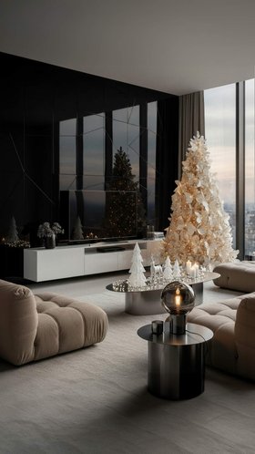 Schwarze Wohnwand mit TV Lowboard weiß und Schmetterling Weihnachtsbaum