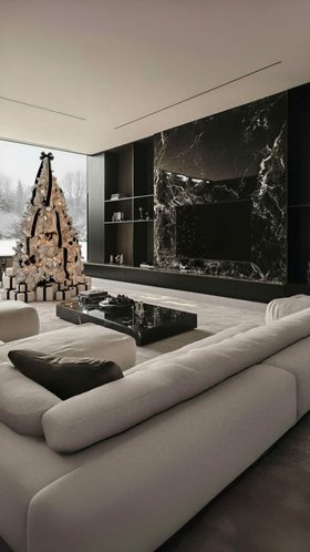 Marquina Marmor Wohnwand mit TV Lowboard und weißem Weihnachtsbaum mit schwarzer Schleife