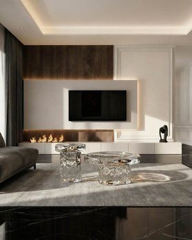 Wohnwand nach Maß Feuerkamin Holzpaneel