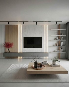 Individuelle Wohnwand mit TV Lowboard grau matt LED Beleuchtung