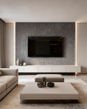 Moderne Wohnwand mit Samt Wand Paneel und Lowboard matt weiß