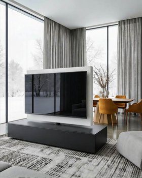 Stilvoll rotierender Raumteiler mit TV Lowboard und drehbarem TV Paneel