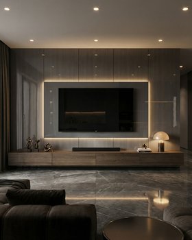 Dunkle Wohnwand in grauem Hochglanz und Walnuss Lowboard