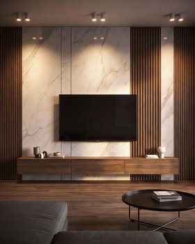 Walnuss Holz Wohnwand mit Marmor