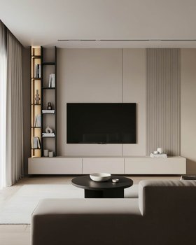 Minimalistische Beige Wohnwand mit hängendem TV Lowboard