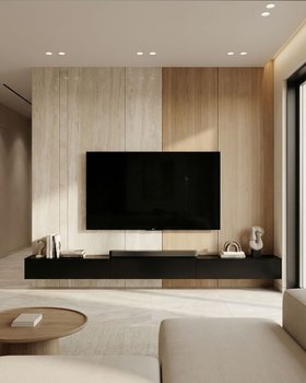 Beige moderne Wohnwand mit schwarzem TV Lowboard Holz Marmor Effekt