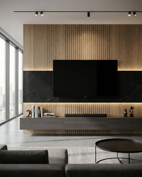 Moderne Wohnwand mit schwarzem Marmor und Akustikpaneel