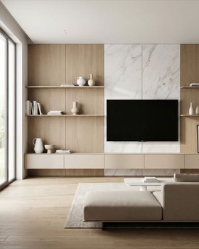 Luxus Wohnwand mit Eiche Lowboard und weißer Marmorwand