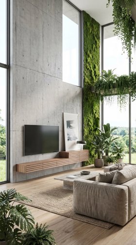Botanische grüne Wohnwand mit Eichenholz Lowboard Lamellendesign