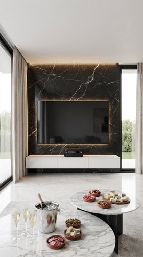 Schwarze Luxus Marmorwand mit minimalistischem Lowboard und LED