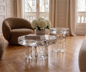 Runder Glas Couchtisch in organischer Form Miniforms Soda Tisch