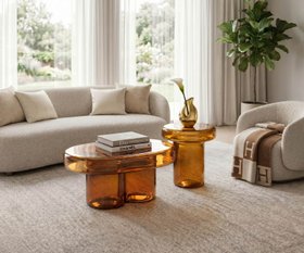 Moderne Wohnzimmeridee mit Glas Couchtisch Oval Orange Miniforms Soda Tisch