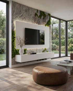 Wohnzimmer Idee Moderne Wohnwand mit Moos Steinwand TV Paneel