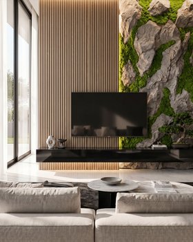 Moderne Wohnzimmer Idee mit Steinwand Mooswand und Holzwandpaneel
