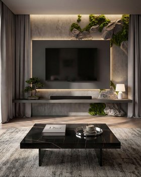 Minimalistisches Wandboard mit TV Wandpaneel und Steinwand mit Moos