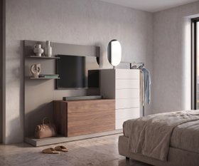 Modernes Schlafzimmer mit Kommode und TV Paneel und Garderobe