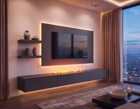 Moderne Wohnwand mit E Kamin Schwebendes Lowboard TV Wandpaneel Wandregale