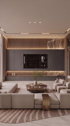 Luxus Wohnwand mit moderner TV Wandpaneel und Lowboard anthrazitgrau