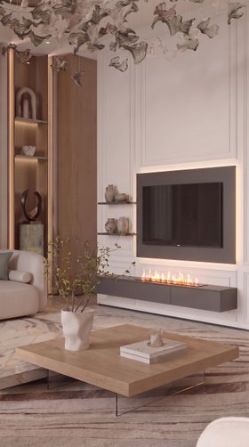 Luxus Wohnzimmer mit moderner Wohnwand TV Lowboard hängend und integriertem E-Kamin TV Paneel