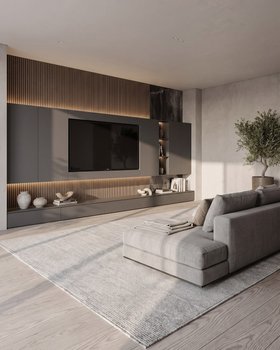 Moderne Wohnzimmerwand mit Holzwand Akustikpaneel und TV Paneel und Lowboard grau