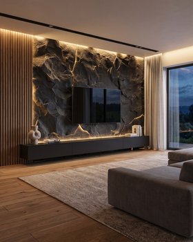 Moderne Wohnwand aus Stein und Holz Akustikpaneel Lowboard hängend