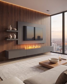 Modernes Wohnzimmer mit TV Paneel und schwebendes Lowboard mit E-Kamin