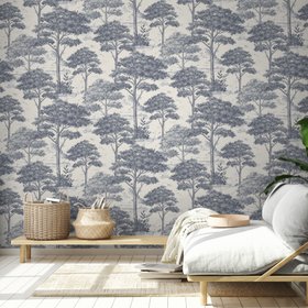 Grandeco Blue Etched tree Embossed Wallpaper