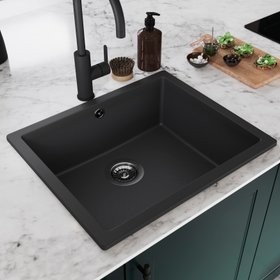 GoodHome Sorrel Polished Black Composite quartz 1 Bowl Kitchen sink 550mm x 460mm