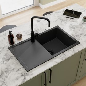 GoodHome Lourdes Graphite Anthracite effect Composite quartz 1 Bowl Compact sink 440mm x 760mm