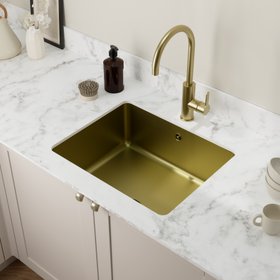 GoodHome Villach Brushed Brass Stainless steel 1 Bowl Kitchen sink 440mm x 440mm