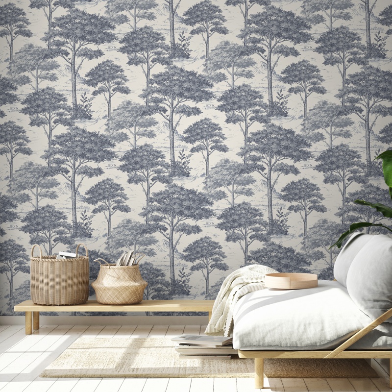 Grandeco Blue Etched tree Embossed Wallpaper