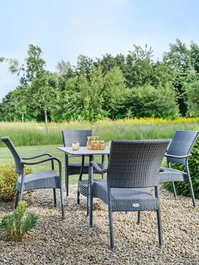 Bridgman Garden Set | 90cm Windsor Square Table with 4  Stacking Armchairs  Grey HPL Top 