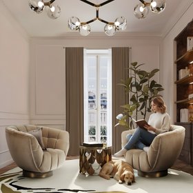 The "Éternel" Parisian Apartment: Office with HORUS II Suspension Light, CYRUS Floor Light, ESSEX Armchair, custom-made BARAKA Bookcase, and KOI Center Table