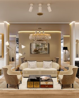 Powel Sofa, Dukono II Armchair, Cay Side Table and Naicca Suspension Light