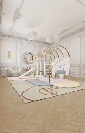 Whimsical playroom in pastel tones with Taupe Rug