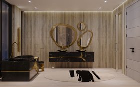 Master Bathroom | Maaru Rug, Lapiaz Bathtub and Halo Mirror