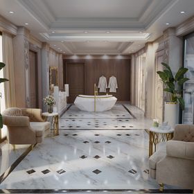 Luxury Main Bathroom | DIAMOND Faux Marble, PETRA Vanity Cabinet, PULSE Mounting Floor Mixer