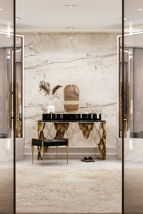 Koi Vanity Table, Poseidon Rug and Stiletto Stool